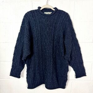 VTG Aran Crafts Ireland Sweater 100% Wool Blue Roll Neck Cable Knit Fisherman M